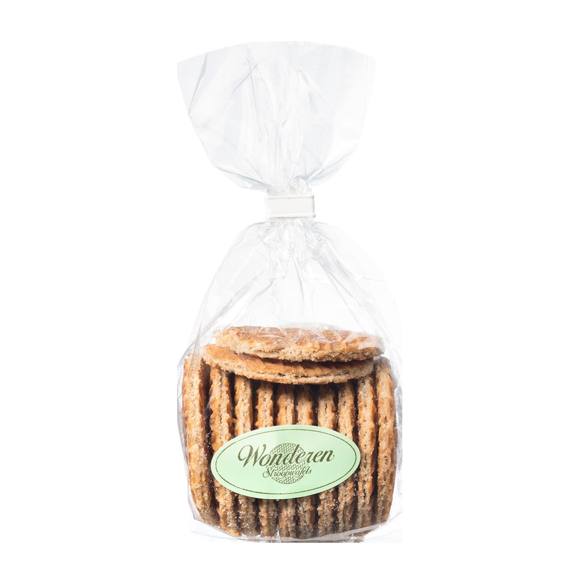 A bag of delicious mini Wonderen Stroopwafels with a label on it.