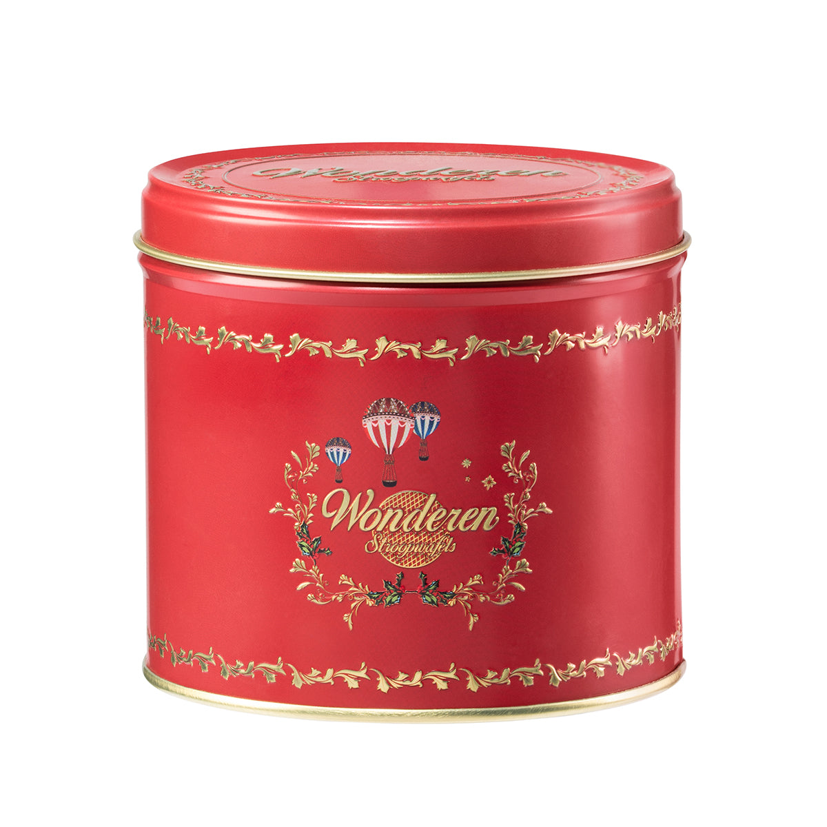 An Authentic Red Stroopwafel Tin Can with the brand name Wonderen Stroopwafels on it.