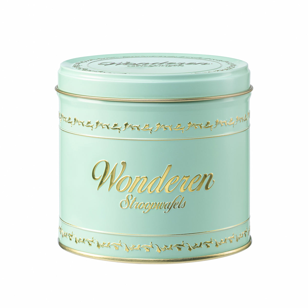 A mint green tin with the word Wonderen Stroopwafels on it.