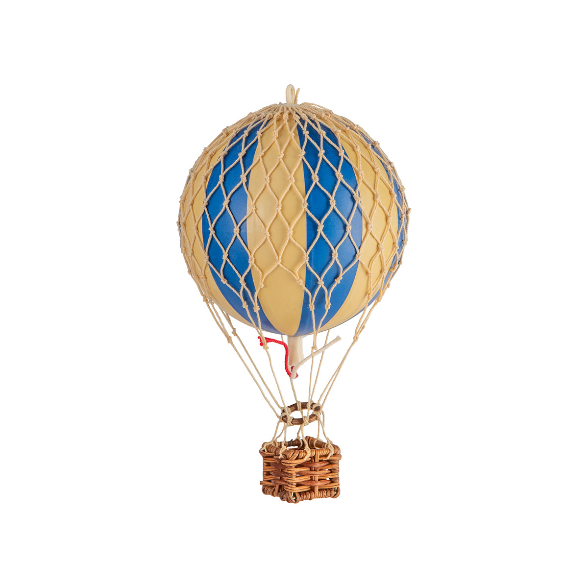 Embark on a Wonderen Extra Small Hot Air Balloon - Floating The Skies adventure as you soar through the sky in a captivating blue and white wicker basket, brought to you by Wonderen Stroopwafels.