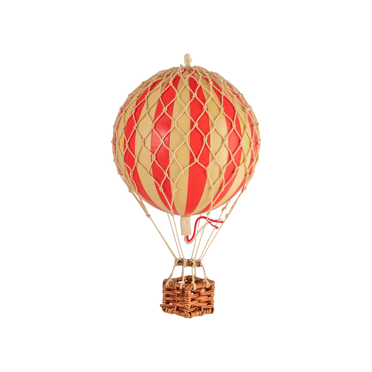 A whimsical journey in a Wonderen Extra Small Hot Air Balloon - Floating The Skies with red and white stripes.