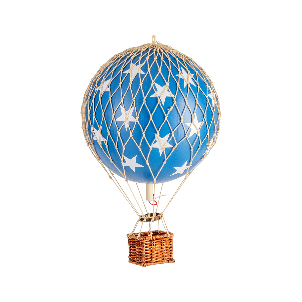 A quirky Wonderen Small Hot Air Balloon decorated with stars floats majestically in the sky.