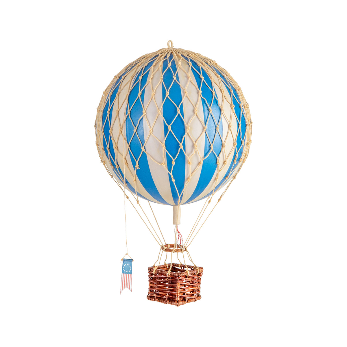 A quirky Wonderen Small Hot Air Balloon - Travels Light in blue and white floats gracefully against a white background.