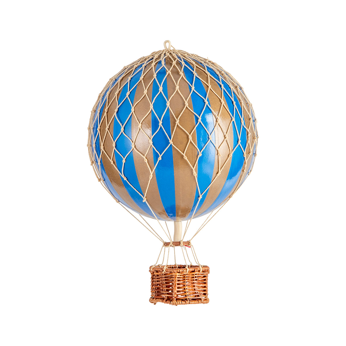 A quirky Wonderen Small Hot Air Balloon - Travels Light in blue and brown floats against a white background.