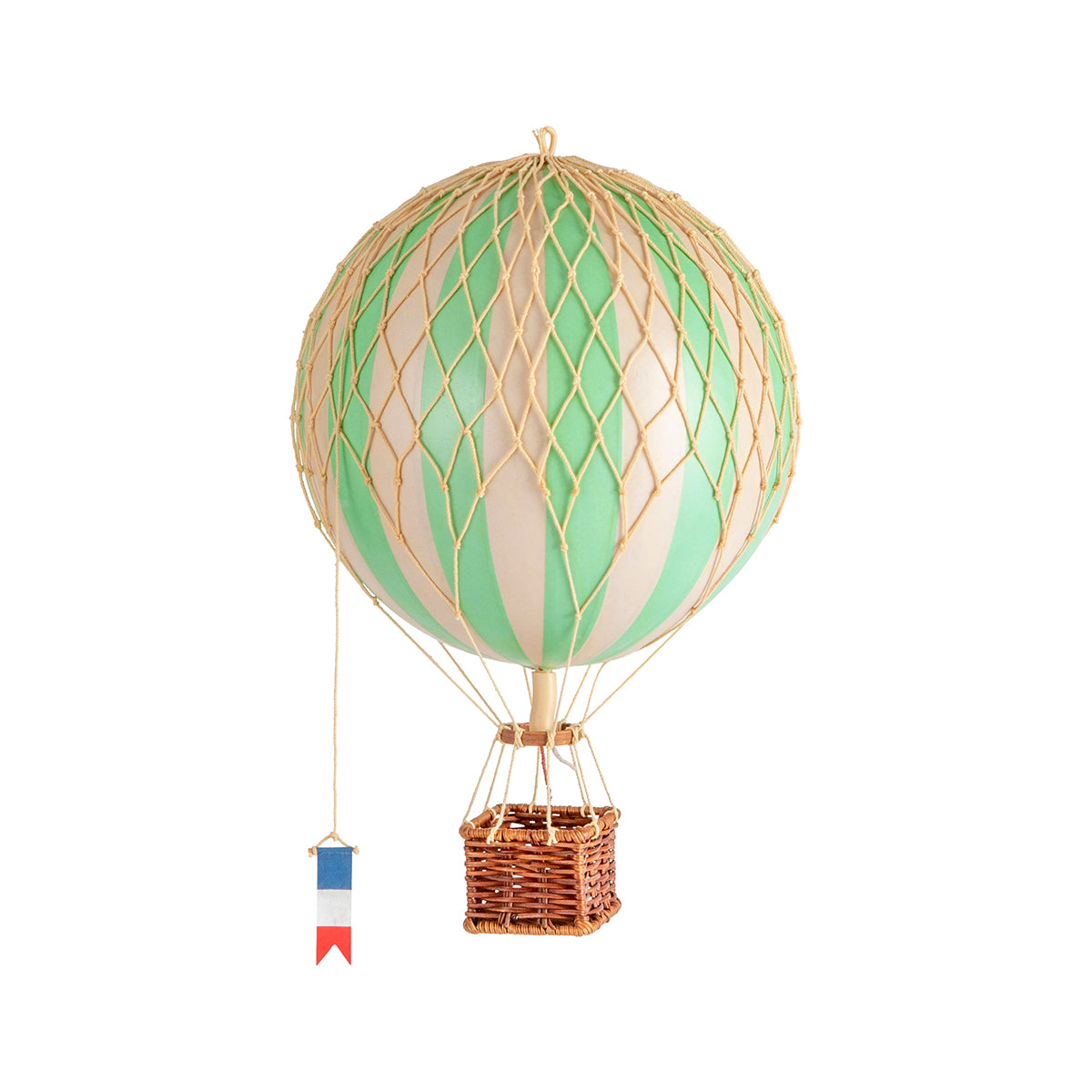 A quirky Wonderen Small Hot Air Balloon - Travels Light with a green and white design floating against a white background.