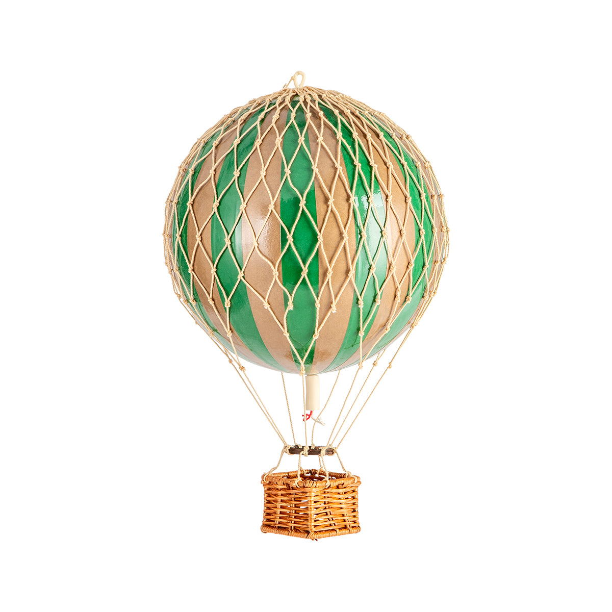 A quirky Wonderen Stroopwafels hot air balloon is floating against a white background, showcasing its vibrant green and brown colors.