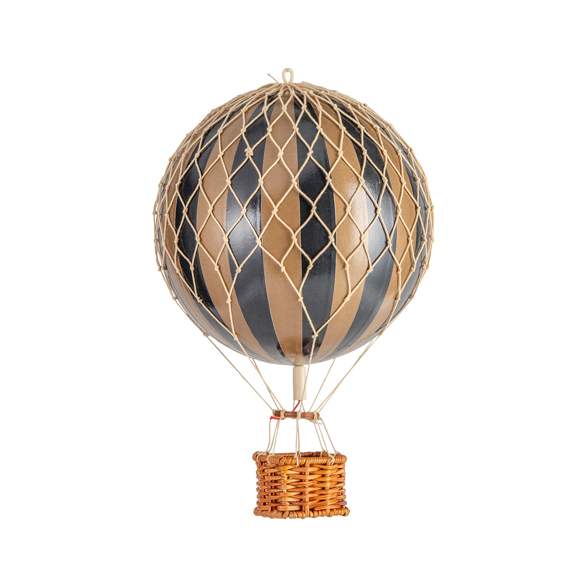 A Wonderen Small Hot Air Balloon - Travels Light with a basket, soaring through the sky in black and white.
