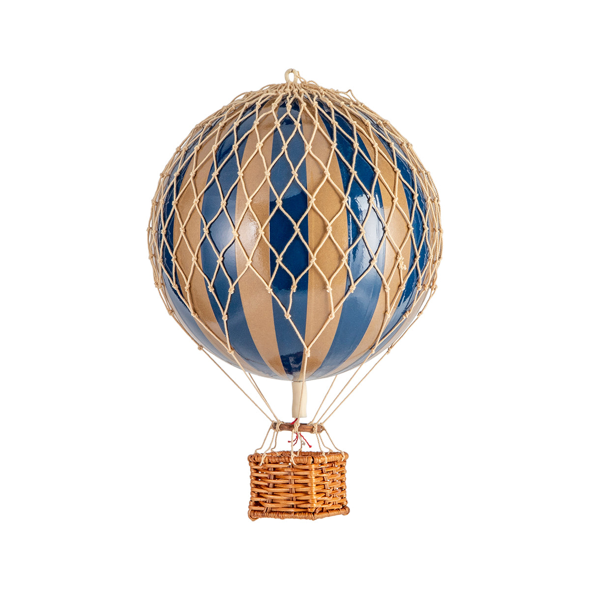 A quirky Wonderen Small Hot Air Balloon - Travels Light with a wicker basket, adorned in blue and brown.