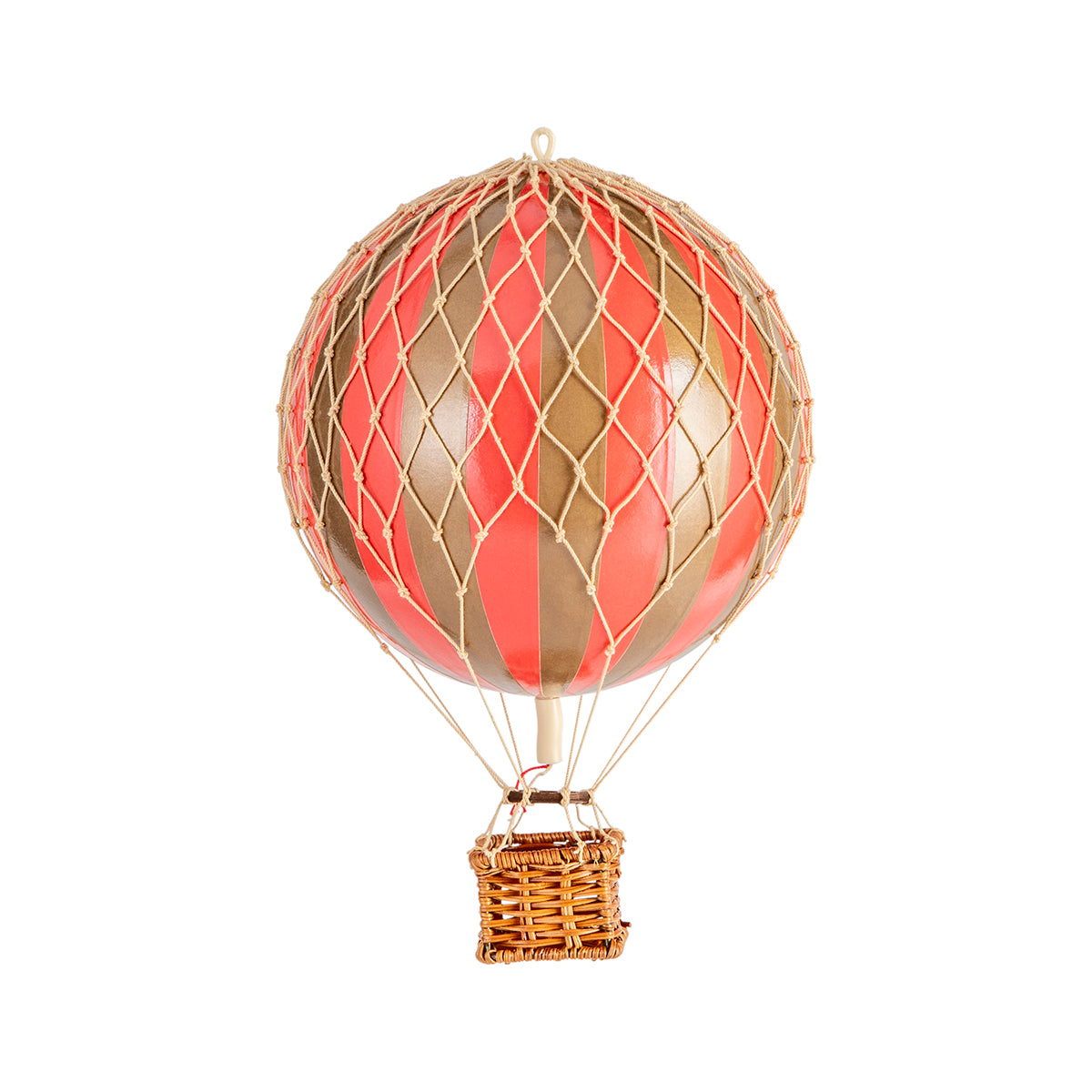 A Wonderen Small Hot Air Balloon - Travels Light in vibrant red and brown hues floats against a crisp white background.