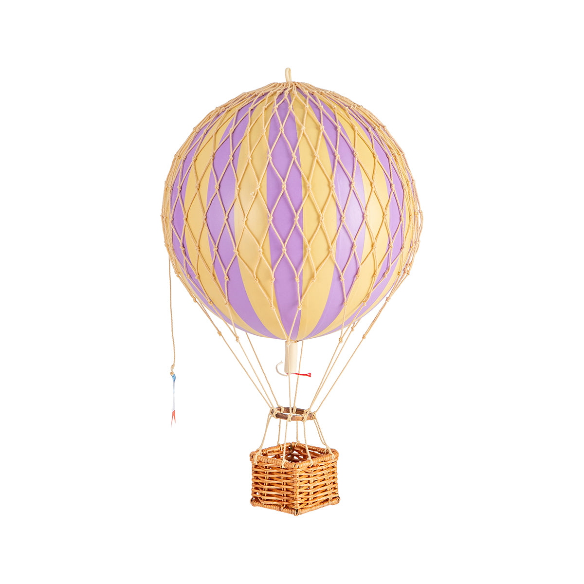 A quirky Wonderen Small Hot Air Balloon - Travels Light with a wicker basket in vibrant purple and yellow hues.