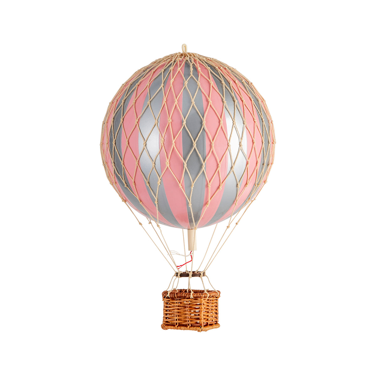 A Wonderen Small Hot Air Balloon - Travels Light with a pink and silver design floats against a white background.