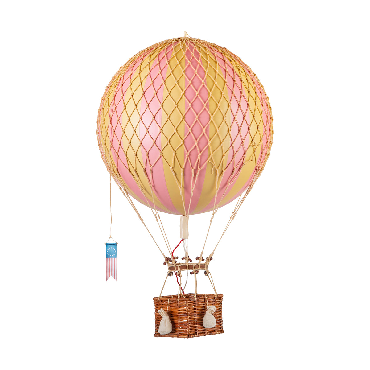 A unique Wonderen Medium Hot Air Balloon - Royal Aero with a wicker basket, offering a pink and yellow color scheme that allows for new heights and a unique perspective.