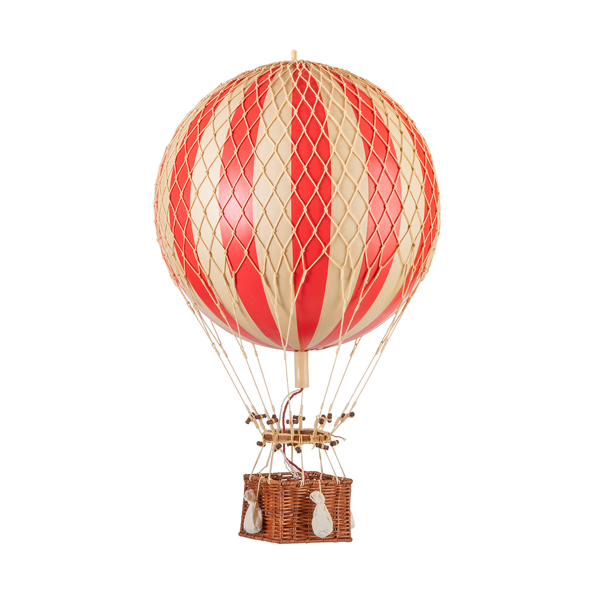 A Wonderen Medium Hot Air Balloon - Royal Aero, adorned in red and white, gracefully floats through clear skies, granting a unique perspective as it ascends to new heights.