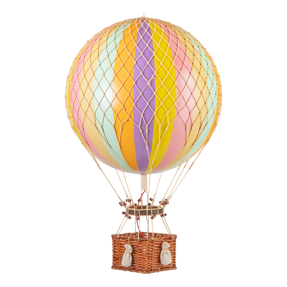 A colorful Wonderen Large Hot Air Balloon - Jules Verne adorned with Jules Verne-inspired decoration, featuring a basket suspended below.