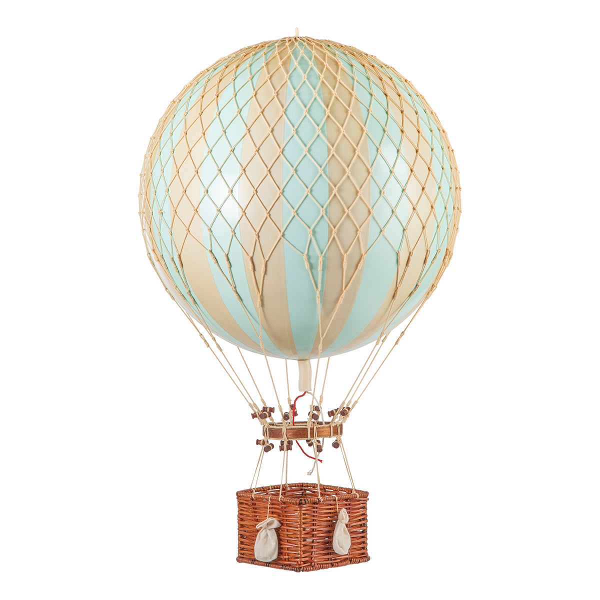 A Wonderen Stroopwafels hot air balloon with a basket on it, designed as a beautiful decorative piece inspired by Jules Verne.