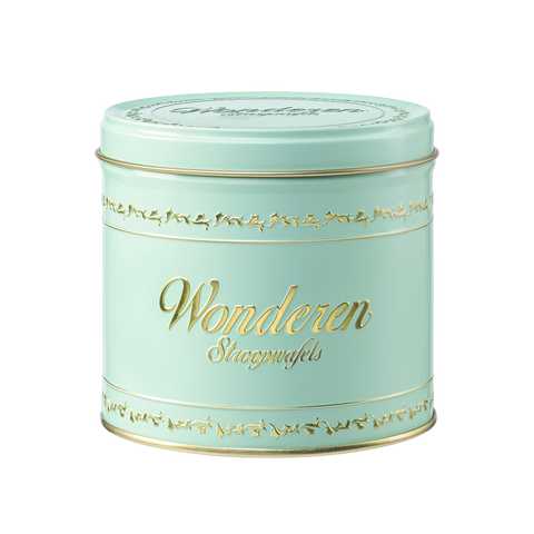 A mint green Authentic Green Stroopwafel Tin Can with Refill with the word Wonderen Stroopwafels on it.