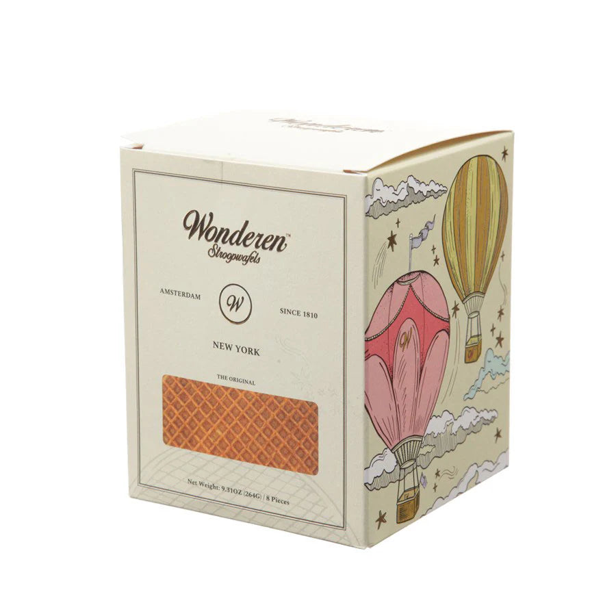 A Wonderen Stroopwafels Gift Box with a hot air balloon on it, containing delicious Wonderen Stroopwafels perfect for a high tea treat.