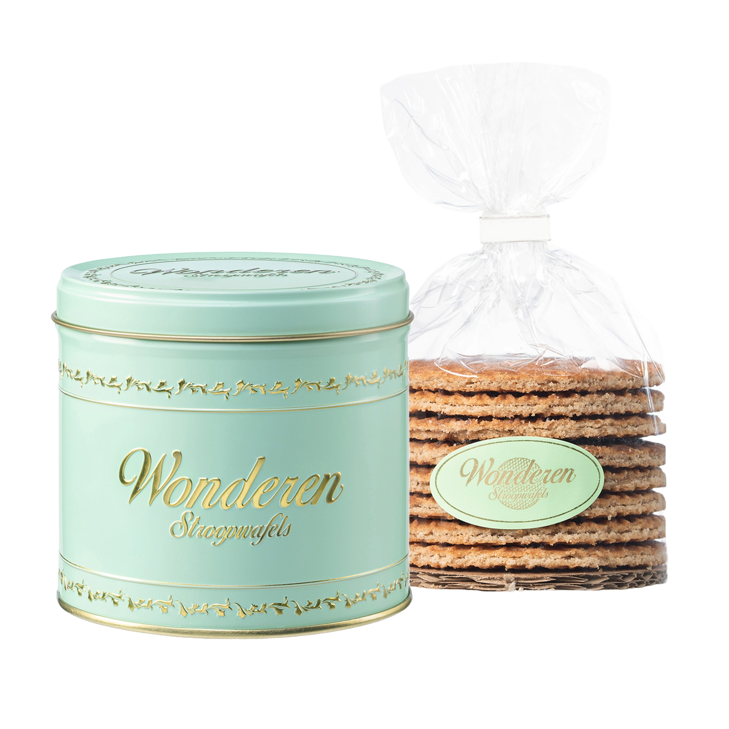 A tin can with a bag of Authentic Green Stroopwafel Tin Can with Refill next to it, Wonderen Stroopwafels.
