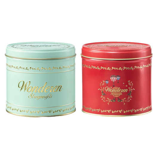 Two Double Authentic Mixed Tin Cans with the brand name Wonderen Stroopwafels on them.