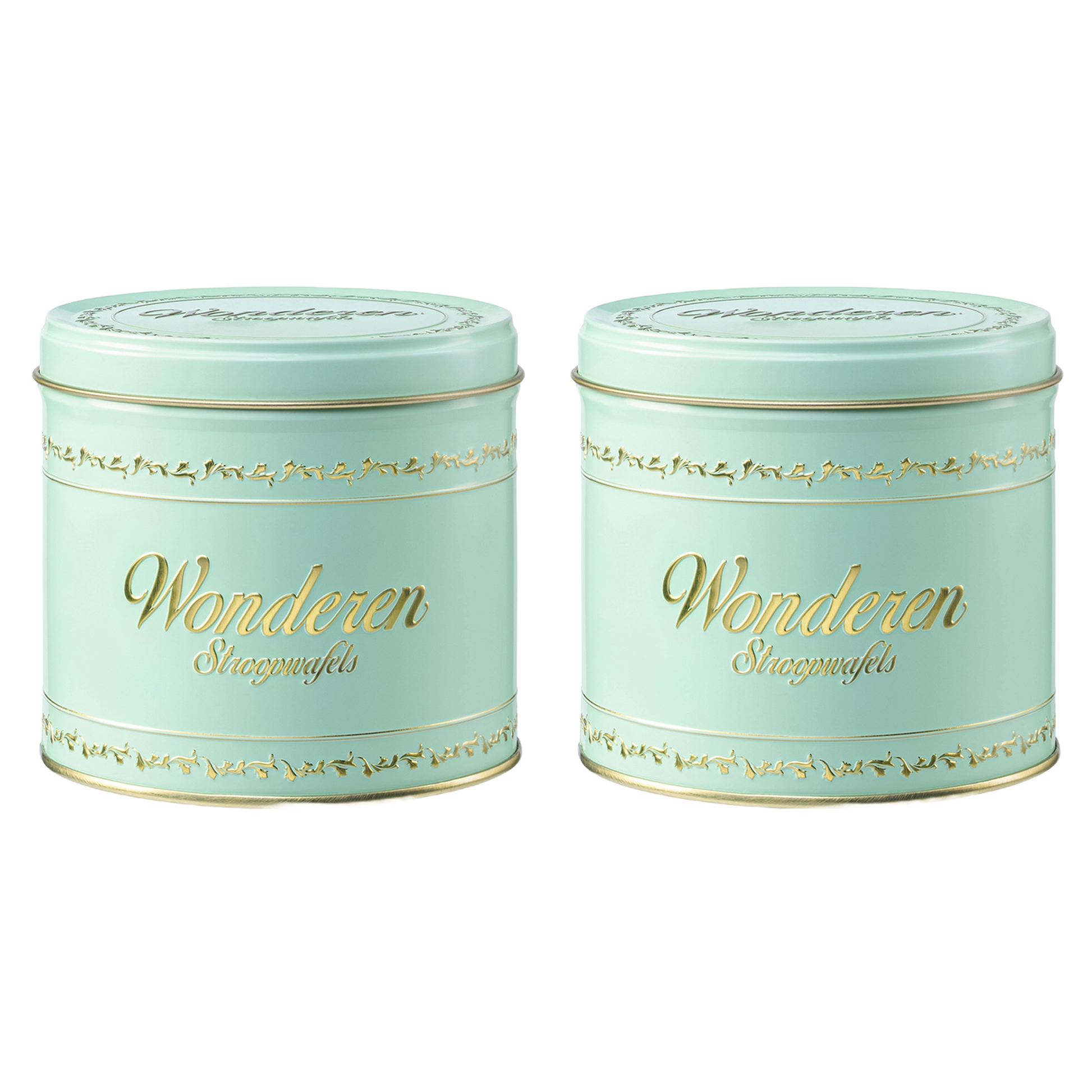 Two Double Authentic Green Stroopwafel Tin Cans with the word 'Wonderland' on them.