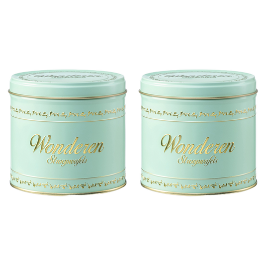 Two Double Authentic Green Stroopwafel Tin Cans with the word 'Wonderland' on them.