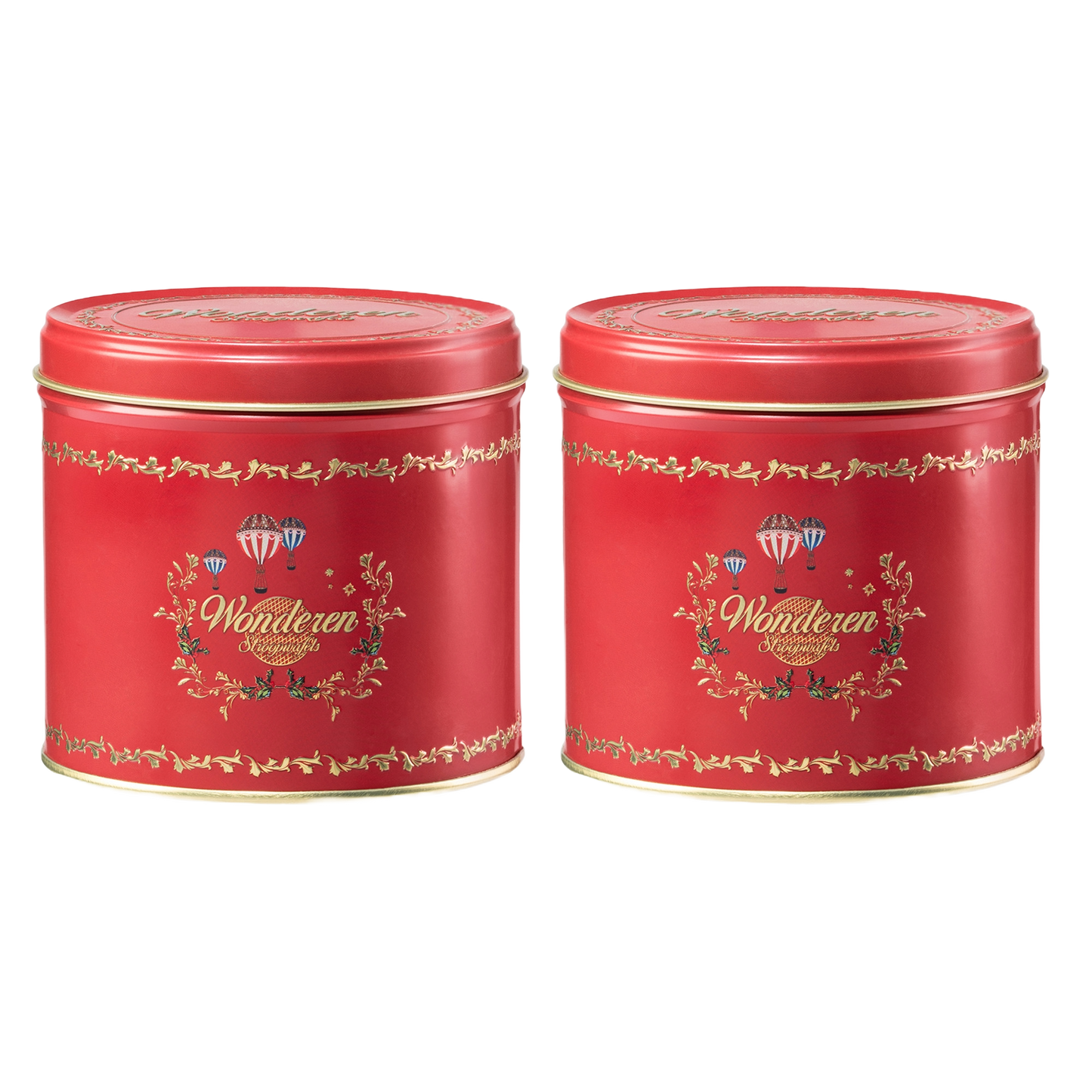 Two Double Authentic Red Stroopwafel Tin Cans with red ribbons on them.