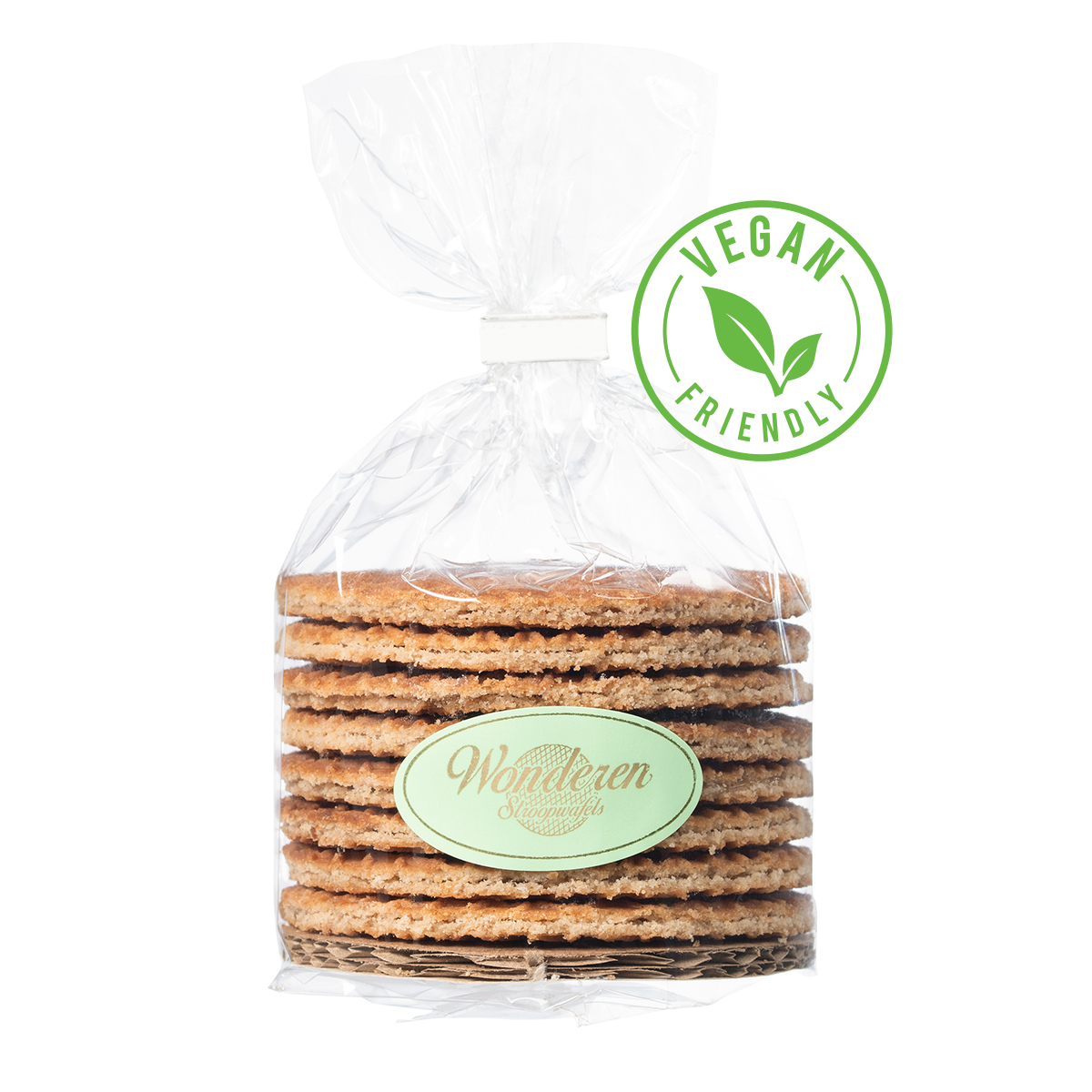 A stack of Wonderen Stroopwafels in a bag with a label on it.