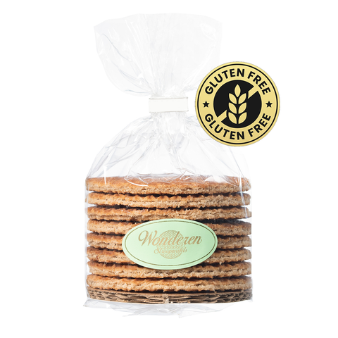 A stack of Gluten Free Stroopwafels in a bag with a label on it. (Brand: Wonderen Stroopwafels)