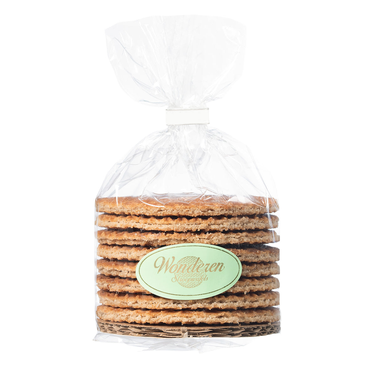 A stack of Authentic Green Stroopwafel Tin Can with Refill from Wonderen Stroopwafels in a plastic bag on a white background.